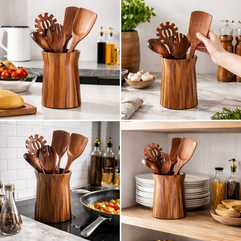 Teak Wood Kitchen Utensil Holder